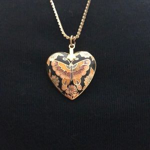 Vintage Cloisonné Enamel Heart with Butterflies and Flowers